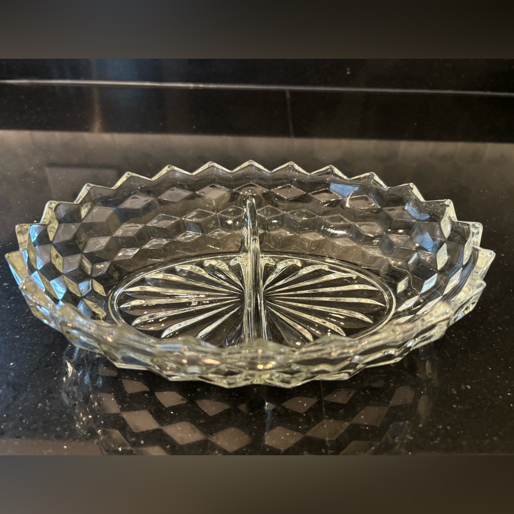 Vintage Fostoria Jeanette Cubist Depression Glass Clear Divided Dish 7"x 9.75”